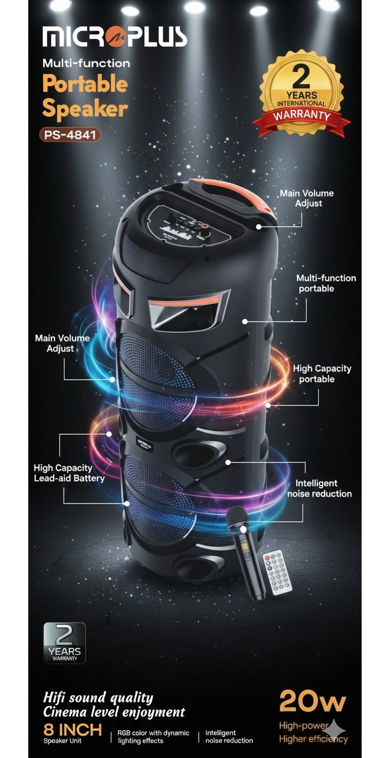 Portable Bluetooth Speaker 2x8-Inch, 20W Rechargeable PS-4841